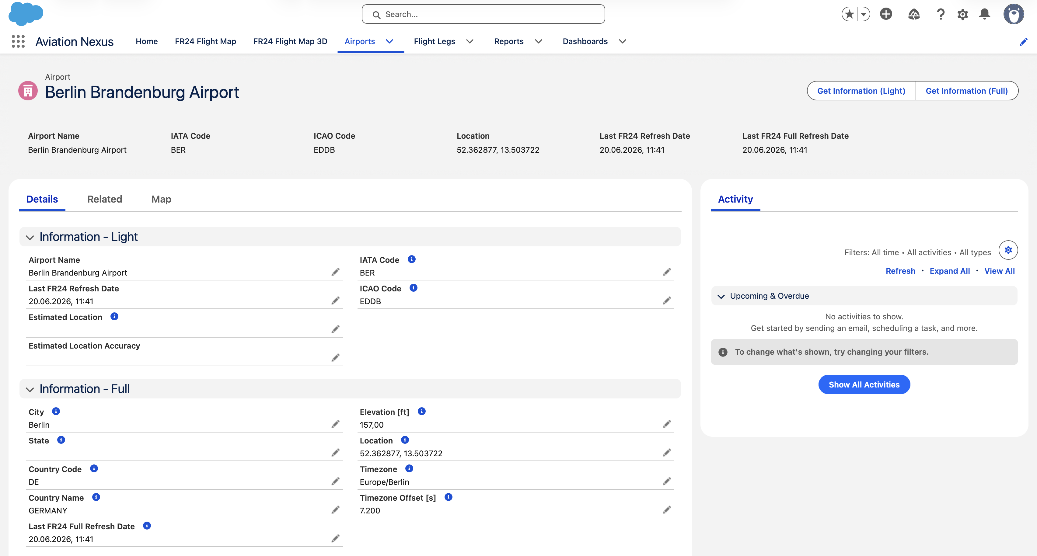 Aviation Nexus Salesforce airport details page for Berlin Brandenburg Airport.