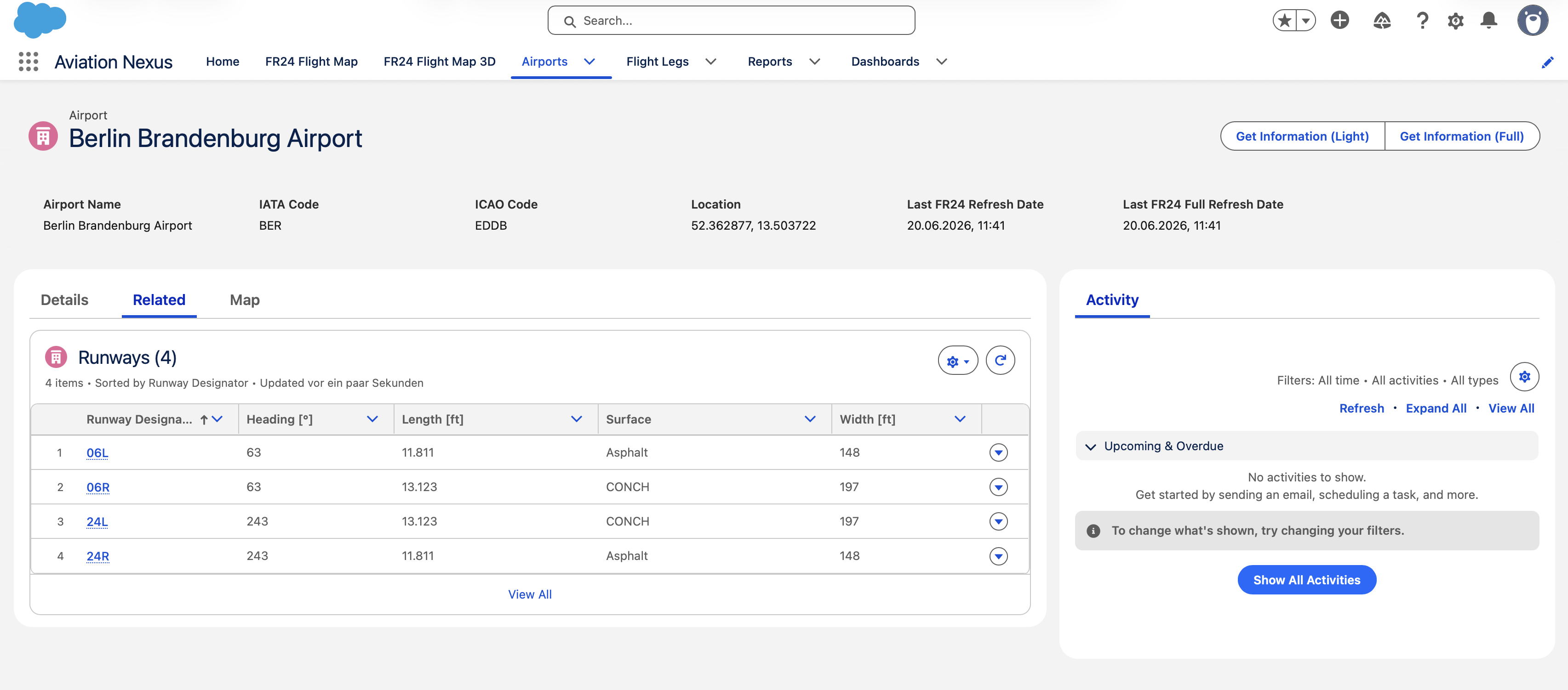 Aviation Nexus Salesforce related information tab showing airport runway records.