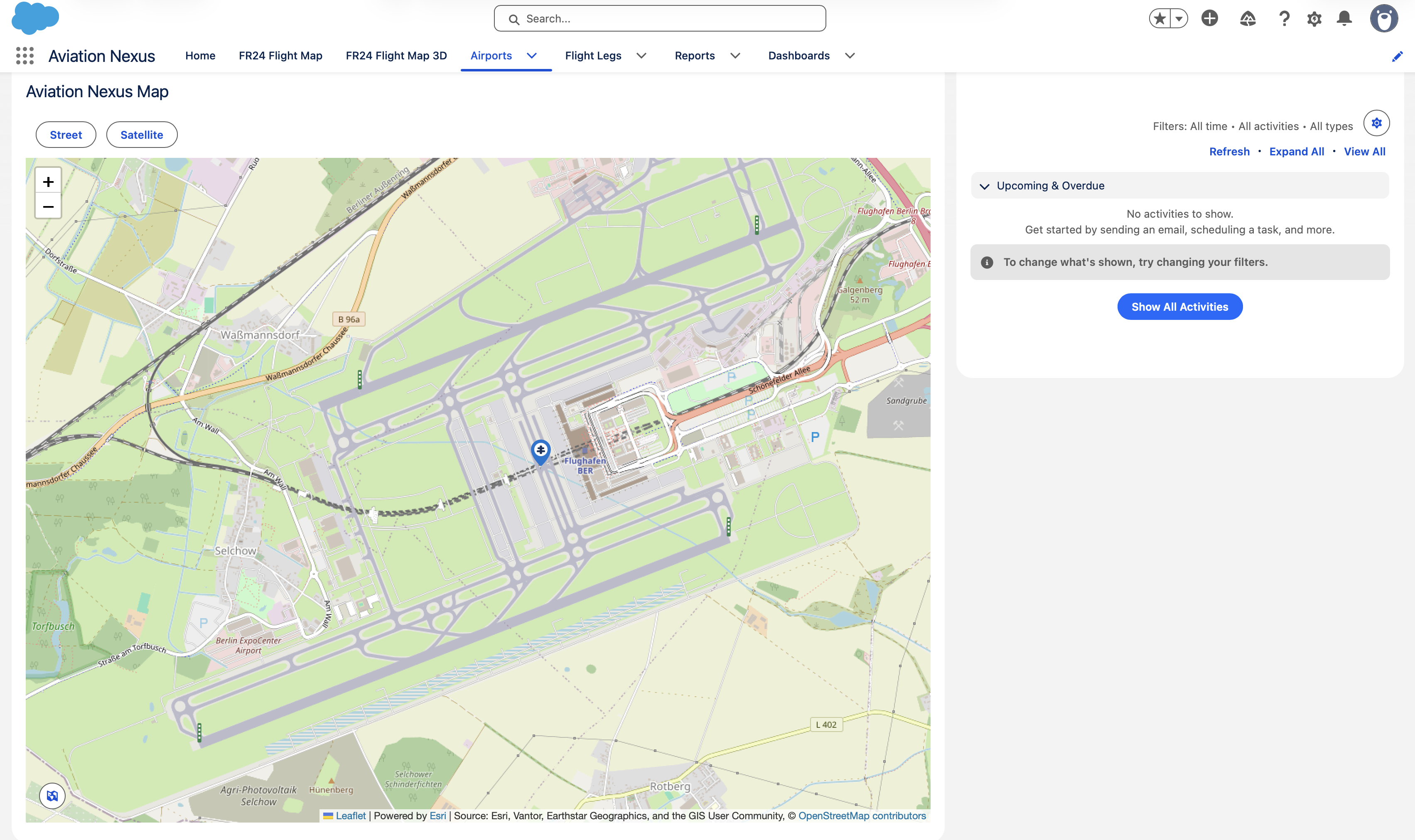 Aviation Nexus airport street map view inside Salesforce.