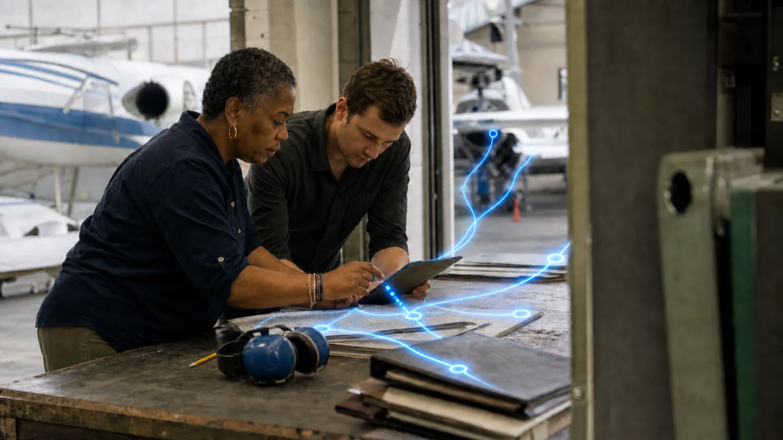 Two aircraft asset professionals review a tablet as blue movement traces converge across a folded chart.