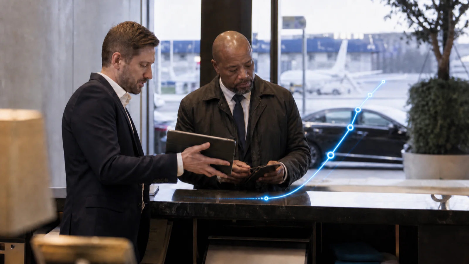 An airport service coordinator briefs a driver as a blue in-progress flight-data path connects the aircraft outside with their service handoff.