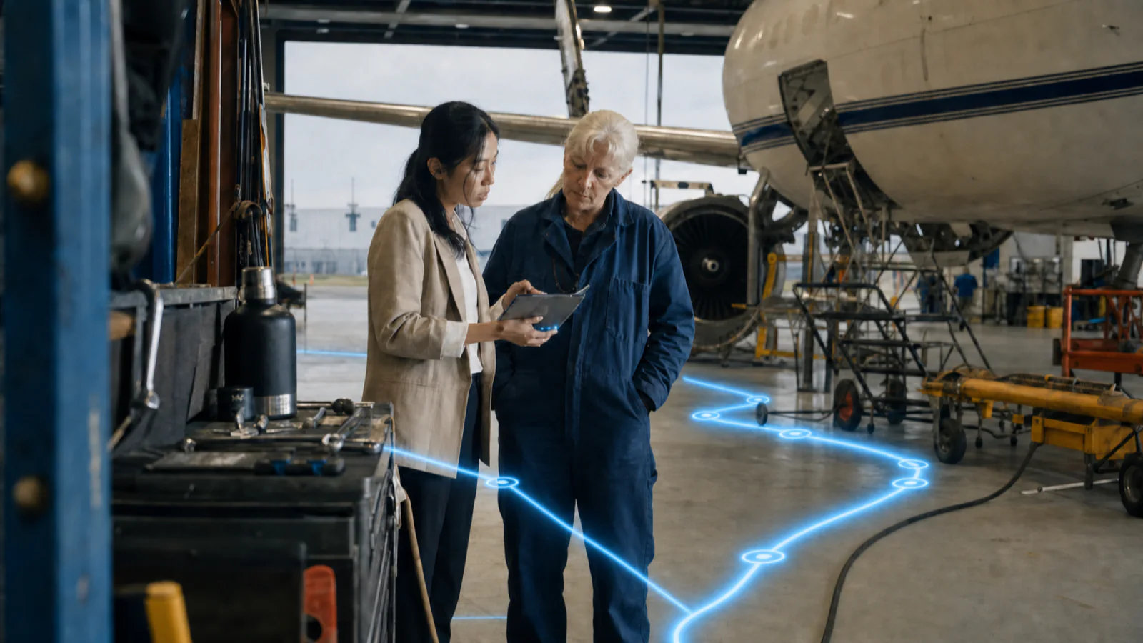 An aviation account professional and maintenance supervisor review a tablet as a blue data path connects aircraft activity across the hangar floor.