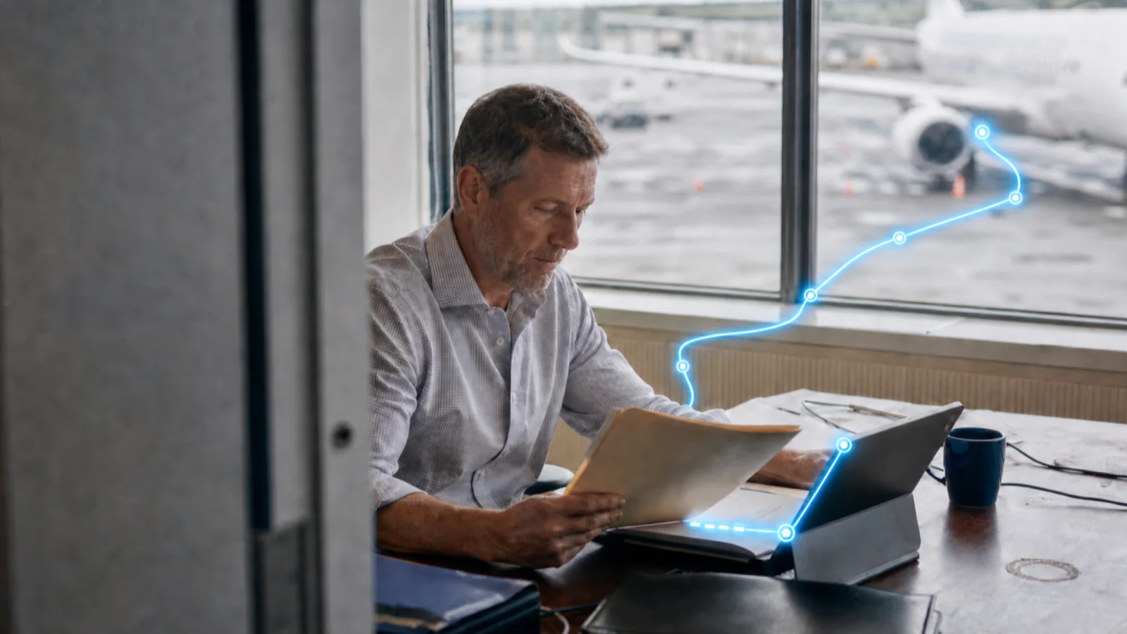 A claims professional reviews a case folder and tablet as a bright blue flight-data path connects the aircraft outside with the documents.